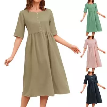 Женские летние свободные повседневные однотонные карманные платья с короткими рукавами и круглым вырезом