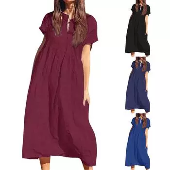 Женские летние свободные повседневные однотонные платья с круглым вырезом и коротким рукавом L чёрный