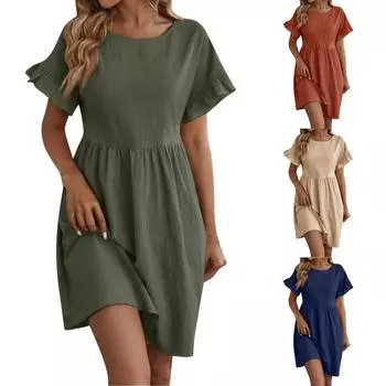 Женские летние свободные повседневные однотонные платья с круглым вырезом и коротким рукавом L