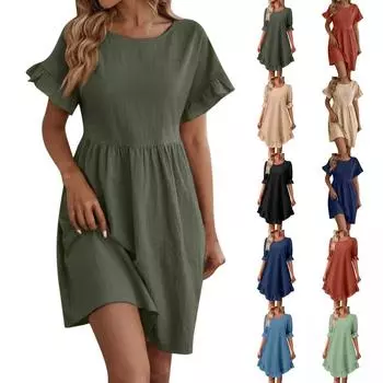 Женские летние свободные повседневные однотонные платья с круглым вырезом и коротким рукавом S бежевый