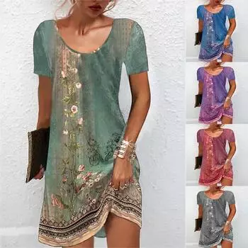 Женские летние свободные повседневные платья с круглым вырезом в этническом стиле с принтом S зелёный