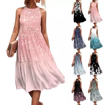 Женские летние свободные повседневные пляжные платья без рукавов с однотонным принтом и висячим вырезом L чёрный