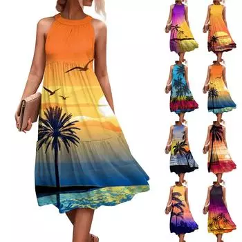 Женские летние свободные повседневные пляжные платья без рукавов с однотонным принтом и висячим вырезом L синий