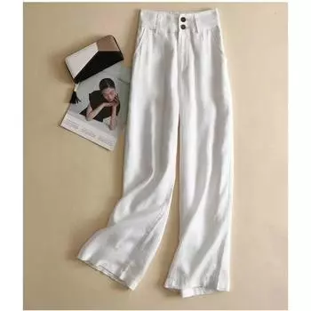 Женские летние свободные повседневные прямые брюки из хлопка и льна с высокой талией M хаки