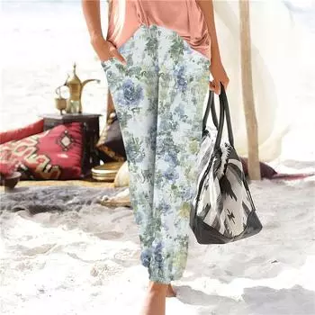 Женские летние свободные повседневные широкие брюки с эластичной резинкой на талии и брюками XXL хаки