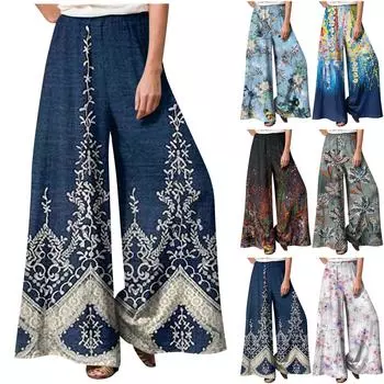 Женские летние свободные повседневные широкие брюки с эластичной резинкой на талии и брюками L синий