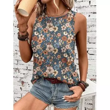 Женские летние свободные повседневные топы с принтом без рукавов S озеро синий