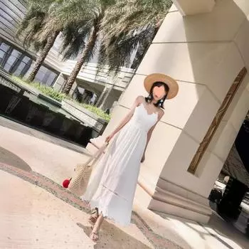 Женские летние свободные праздничные пляжные длинные платья с открытой спиной и лямкой на шее S белый
