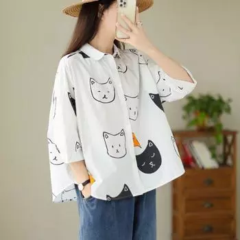 Женские летние свободные рубашки с рисунком из мультфильмов, милые повседневные свободные топы с коротким рукавом, рубашка больших размеров One Size