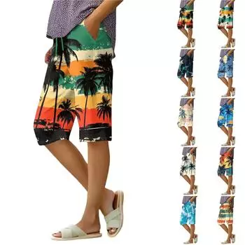 Женские летние свободные шорты из хлопка и льна с эластичным поясом и цветочным принтом XL хаки