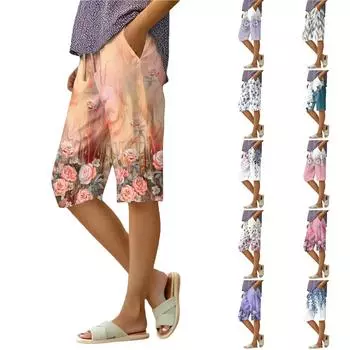 Женские летние свободные шорты из хлопка и льна с эластичным поясом и цветочным принтом M