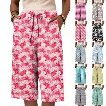 Женские летние свободные шорты из хлопка и льна с эластичным поясом и принтом L чёрный