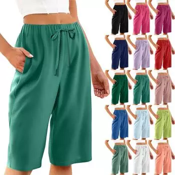 Женские летние свободные шорты из хлопка и льна с эластичной резинкой на талии, однотонные M