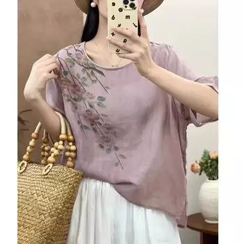 Женские летние свободные тонкие топы в китайском стиле, свежая повседневная рубашка с коротким рукавом 4XL белый