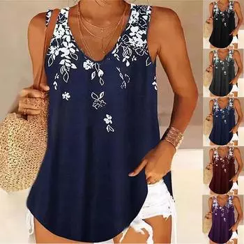 Женские летние свободные топы на бретельках без рукавов с v-образным вырезом и принтом, повседневный жилет больших размеров S чёрный
