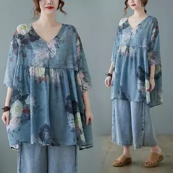Женские летние свободные топы с V-образным вырезом больших размеров с цветочным принтом в винтажном стиле One Size