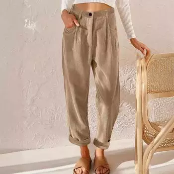 Женские летние свободные вельветовые прямые повседневные брюки с высокой талией S чёрный