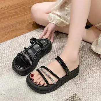 Женские летние тапочки 2024 года, новый стиль, мягкая подошва, жемчужные тапочки, двусторонние, сандалии с толстой подошвой, ветровка, тапочки 35 бежевый