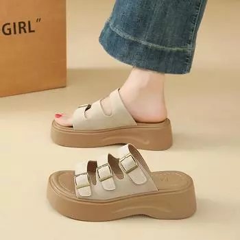 Женские летние тапочки цвета хаки, повседневные, на толстой подошве, сандалии на платформе для девочек, большие размеры, увеличивающие рост, массивные тапочки 35 бежевый