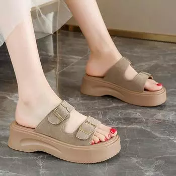 Женские летние тапочки для улицы цвета хаки, повседневные, на толстой подошве, сандалии для девочек на платформе, тапочки больших размеров 35 бежевый