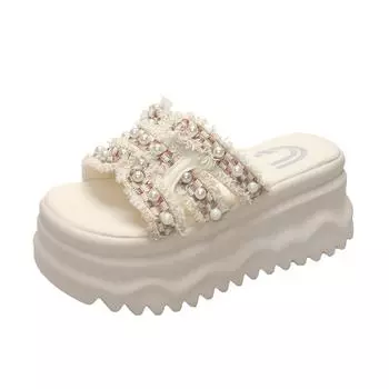 Женские летние тапочки для улицы, новые модные туфли на высоком каблуке с юбками, на толстой подошве, крутые тапочки 34