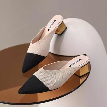 Женские летние тапочки на квадратном каблуке, роскошные шлепанцы с низким острым носком, обувь на каблуке 35 чёрный