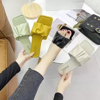 Женские летние тапочки на плоской подошве с застежкой, повседневные сандалии для отдыха на пляже с квадратной головкой, плиссированные, размеры 35-40 35 жёлтый