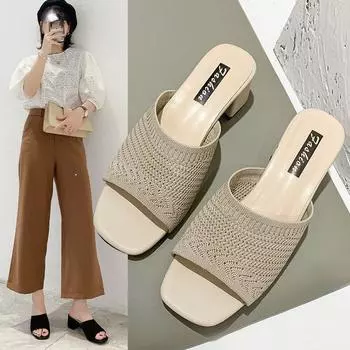 Женские летние тапочки на среднем каблуке, новая корейская версия верхней одежды Flyknit, модные женские тапочки 35 чёрный