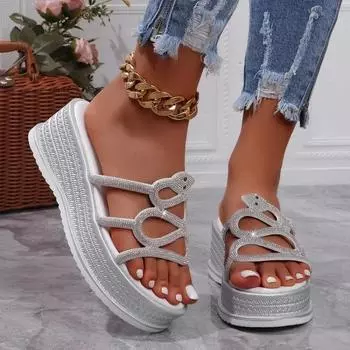 Женские летние тапочки на толстой подошве, кристаллы, тапочки на платформе для отдыха, новые женские элегантные туфли на толстой подошве 2024 г. 35 белый