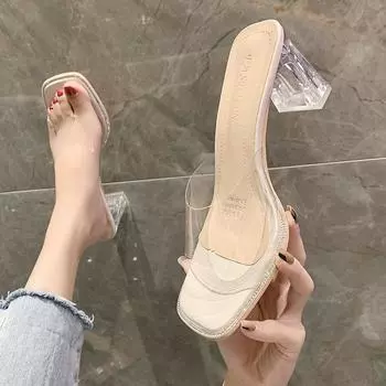 Женские летние тапочки на высоком толстом каблуке, повседневные босоножки с квадратным носком и кристаллами на каблуке, размеры 35-42 35 бежевый