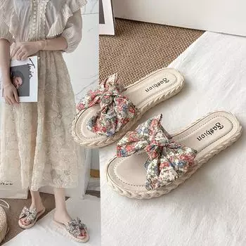 Женские летние тапочки Новые пляжные сандалии Wild Fairy Wind Sweet Bow Flat, легкие, нескользящие, износостойкие, впитывающие пот 38-39 синий