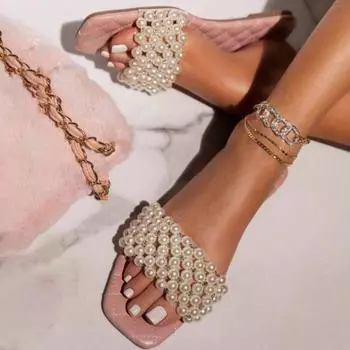 Женские летние тапочки, повседневные плоские повседневные тапочки со стразами и искусственным жемчугом 37 бежевый