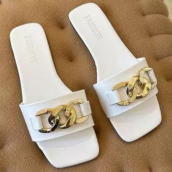 Женские летние тапочки с цепочкой, уличные шлепанцы на плоской подошве, женские сандалии, новые модные роскошные дизайнерские женские пляжные шлепанцы, большой размер 42 35