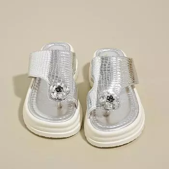 Женские летние тапочки с цветочным принтом, повседневные милые босоножки на платформе золотого цвета, большие размеры, серебристые, увеличивающие рост, толстые шлепанцы 35 чёрный