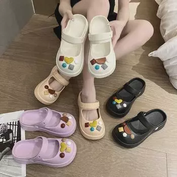 Женские летние тапочки с закрытым носком 2023 года: Французские черные сандалии на толстой нескользящей подошве 36-37