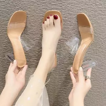 Женские летние тапочки с застежкой-рыбьим ртом на высоком каблуке, повседневные пляжные сандалии с кристаллами, тапочки 34-41 34