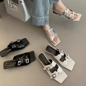 Женские летние тапочки, туфли на тонком низком каблуке для женщин, новые квадратные носки, ретро-тапочки с металлической пряжкой, сандалии, модные шлепанцы 35 покинуть белый