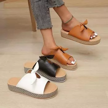 Женские летние тапочки, женские шлепанцы с бантом, пляжные сандалии, нескользящая обувь на толстой подошве на танкетке, большие размеры 36–43, Zapatos Mujer 43 белый