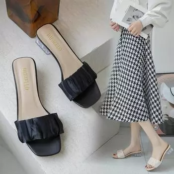 Женские летние тапочки, женские туфли-лодочки на низком каблуке, женская обувь, легкие модные повседневные сандалии на высоком каблуке с квадратной головкой 36