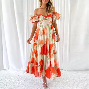 Женские летние темпераментные элегантные платья без бретелек с принтом и короткими рукавами S темно-синий