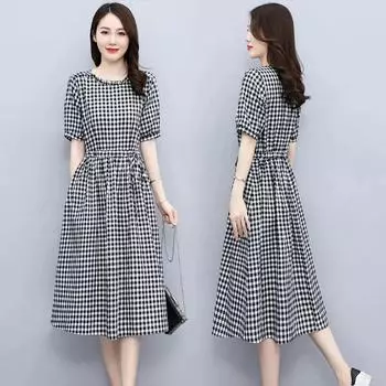 Женские летние темпераментные хлопковые льняные юбки с коротким рукавом и приталенным лифом средней длины, элегантные клетчатые платья 5XL чёрный