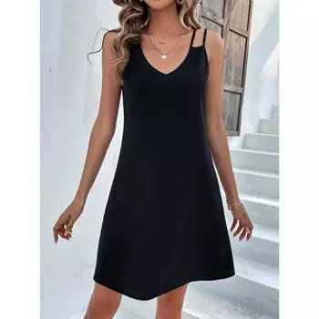 Женские летние темпераментные тонкие повседневные однотонные платья без рукавов S чёрный