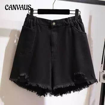 Женские летние тонкие брюки больших размеров с высокой талией, прямые широкие брюки, джинсовые шорты из мешковины со свободными отверстиями