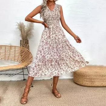 Женские летние тонкие длинные платья без рукавов с цветочным принтом и рюшами S абрикосовый
