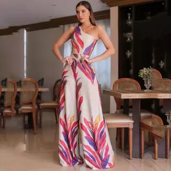 Женские летние тонкие длинные платья без рукавов с принтом на одно плечо S красный