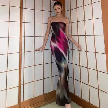 Женские летние тонкие длинные платья с высокой талией и принтом S разноцветный