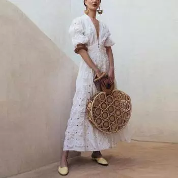 Женские летние тонкие длинные платья с глубоким V-образным вырезом и пузырьковыми рукавами S белый
