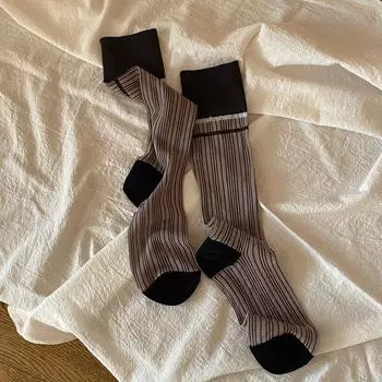 Женские летние тонкие дышащие носки из стекла и шелка, тонкие прозрачные полосатые носки средней длины и креативные цветные блоки 35-40