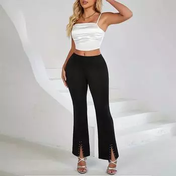 Женские летние тонкие повседневные расклешенные брюки с высокой талией и заклепками S чёрный