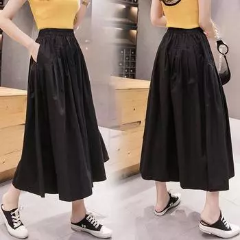 Женские летние тонкие широкие брюки, 4 цвета, однотонные повседневные комбинезоны, широкие брюки, укороченные брюки с высокой талией one size темно-синий